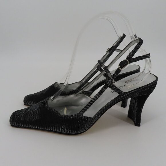 VTG Metaphor Women 9 M DAWN Black Silver Metallic Strappy Square Toe Heels Shoes - Picture 5 of 12